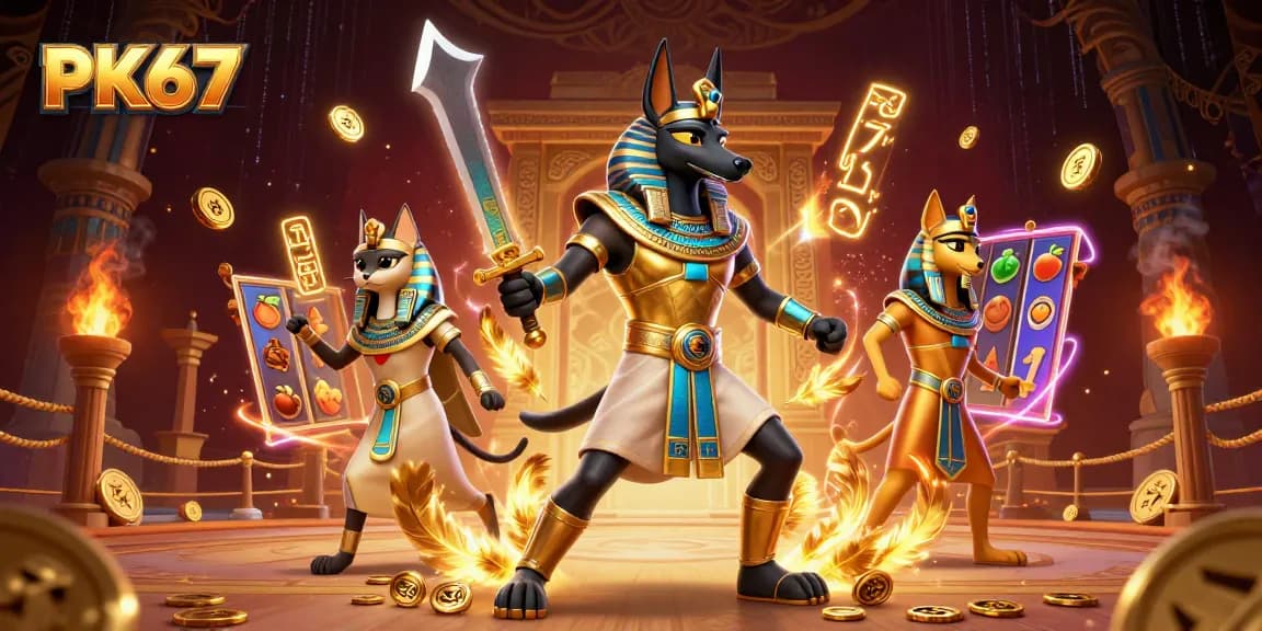 Engage with PK67's vibrant 3D casino scene featuring Anubis, Bastet, and dynamic slot elements.