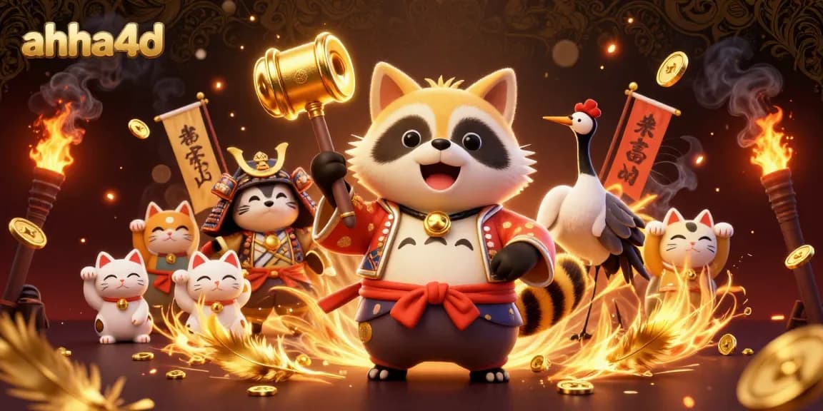 Experience the excitement of ahha4d with a cheerful tanuki and lucky symbols in a vibrant casino scene.
