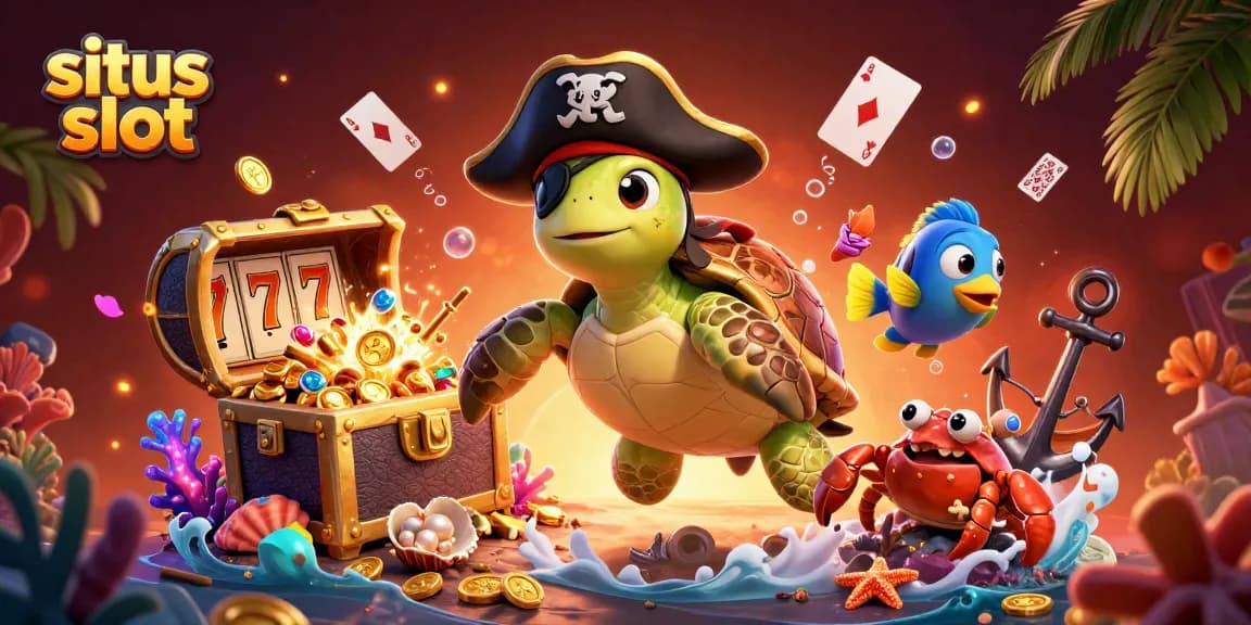 Engage with situs slot adventure featuring a pirate turtle, hermit crab, and parrotfish amid treasures.