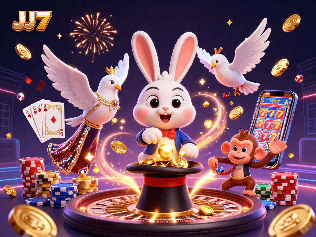 Join the excitement with JJ77 as a magician rabbit creates wealth in a stunning casino scene.