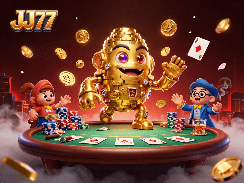 Engage with the captivating JJ77 casino scene featuring a golden golem surrounded by vibrant poker elements.