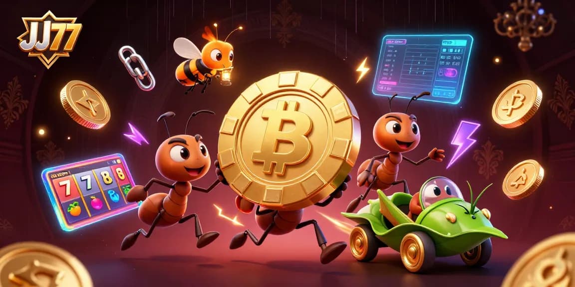 Ants in a heist with JJ77 chip amid casino elements like slots, coins, and a colorful backdrop.