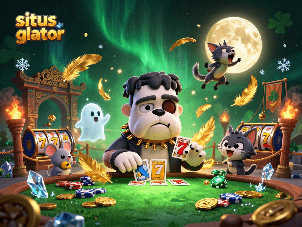 Experience situs slot gacor action with a lively 3D scene featuring a Frankenstein bulldog dealer.