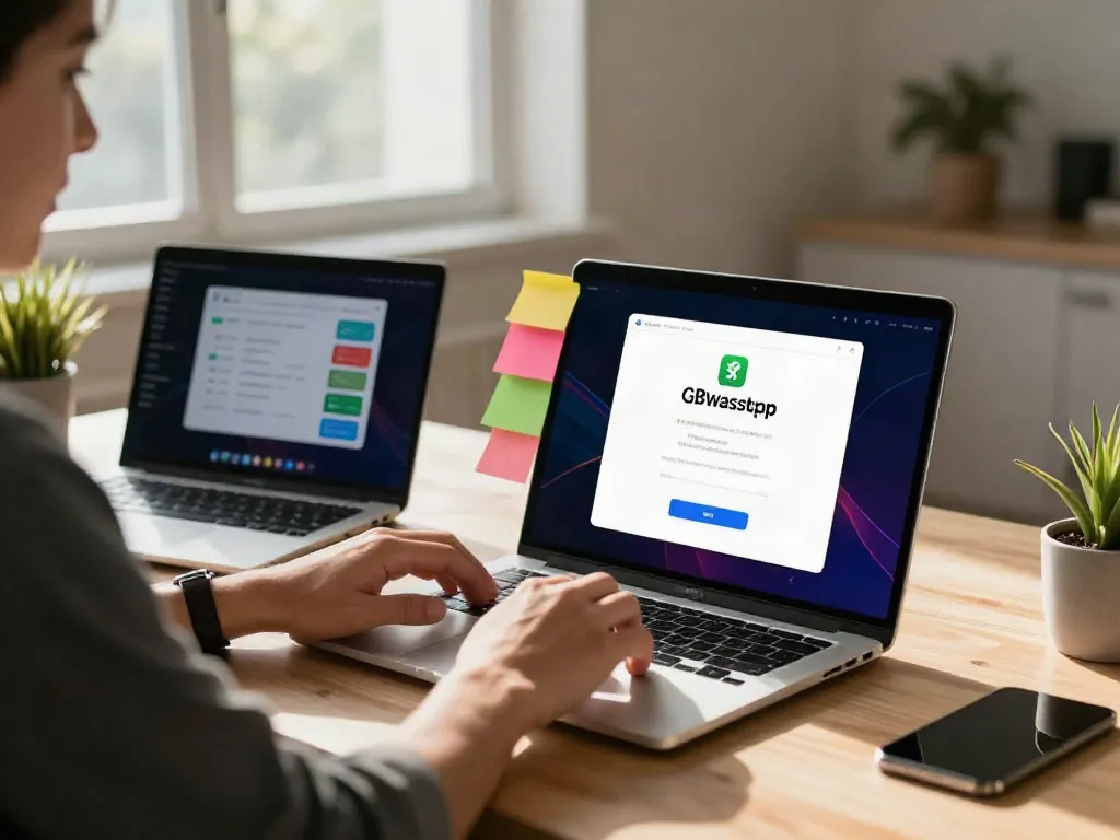 Tech-savvy individual downloading GBWhatsApp official app at a modern workspace.