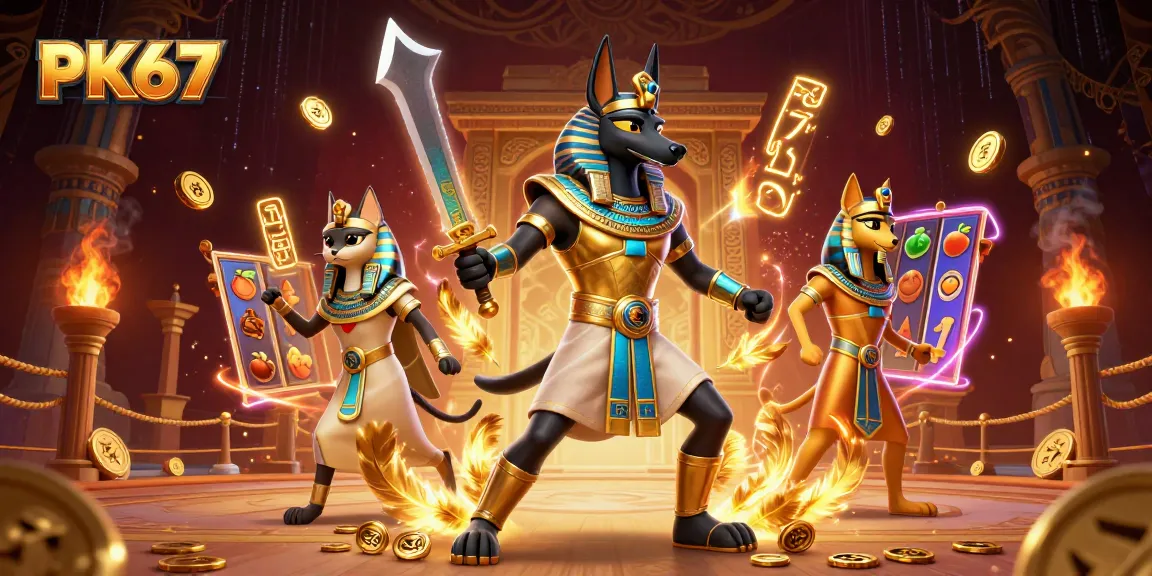 Engage with PK67's vibrant 3D casino scene featuring Anubis, Bastet, and dynamic slot elements.