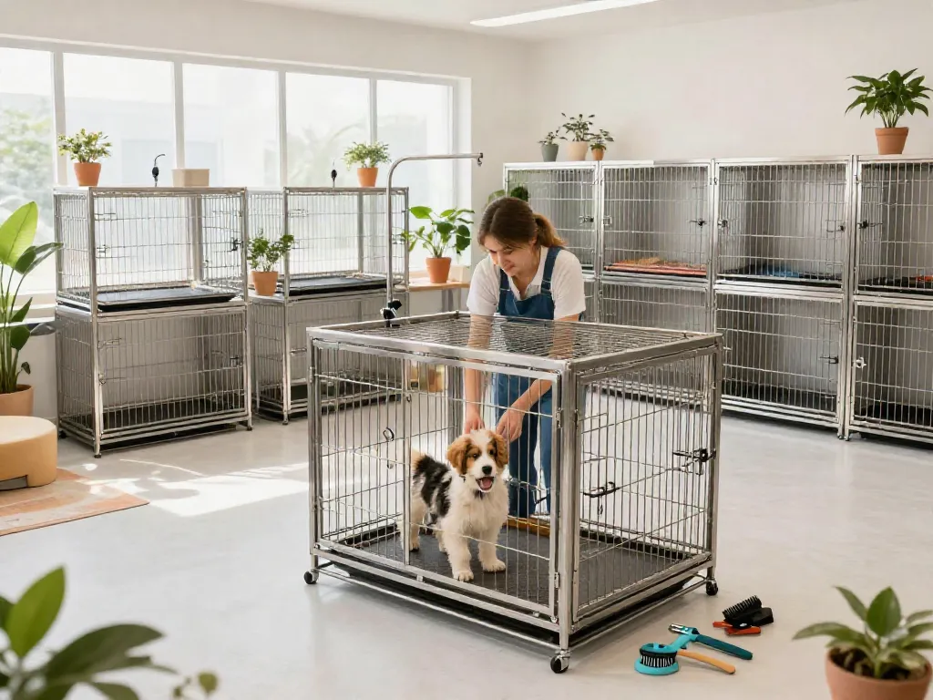 Cages For Animal Professionals in a well-organized pet care facility with groomer and puppy interaction.