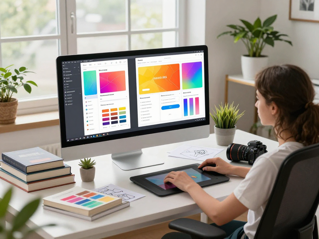 Desainer digital bekerja pada martil4d di ruang kerja modern dan kreatif.