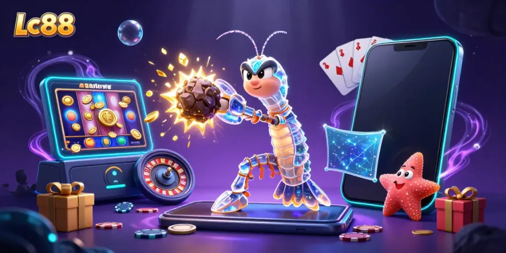 Engage with Lc88's dynamic casino experience featuring crashing gems and vibrant gaming elements.