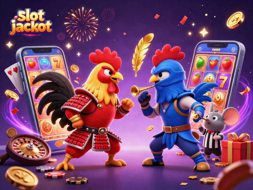Compete for slot jackpots with roosters facing off amidst colorful gaming elements.