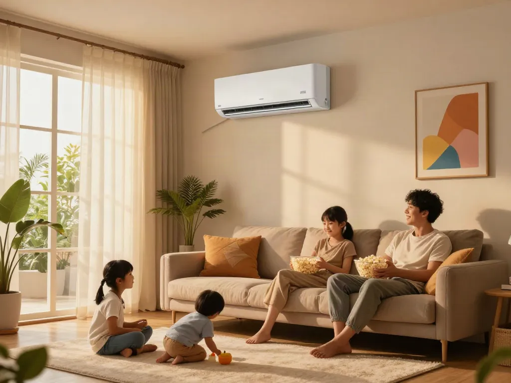 Mini split air conditioner cooling a cozy family living room, showcasing comfort and modern design.