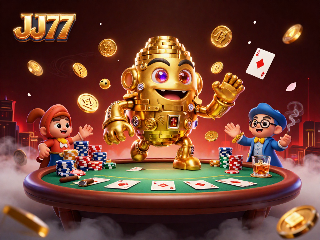 Engage with the captivating JJ77 casino scene featuring a golden golem surrounded by vibrant poker elements.