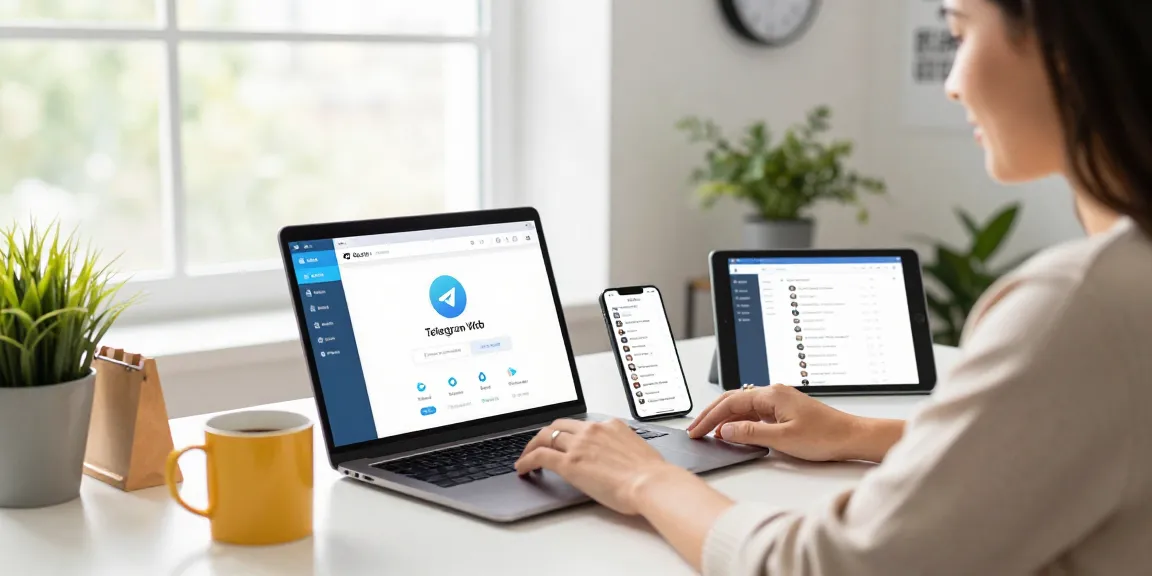 Utilizing Telegram Web Version on a sleek laptop in a modern workspace.