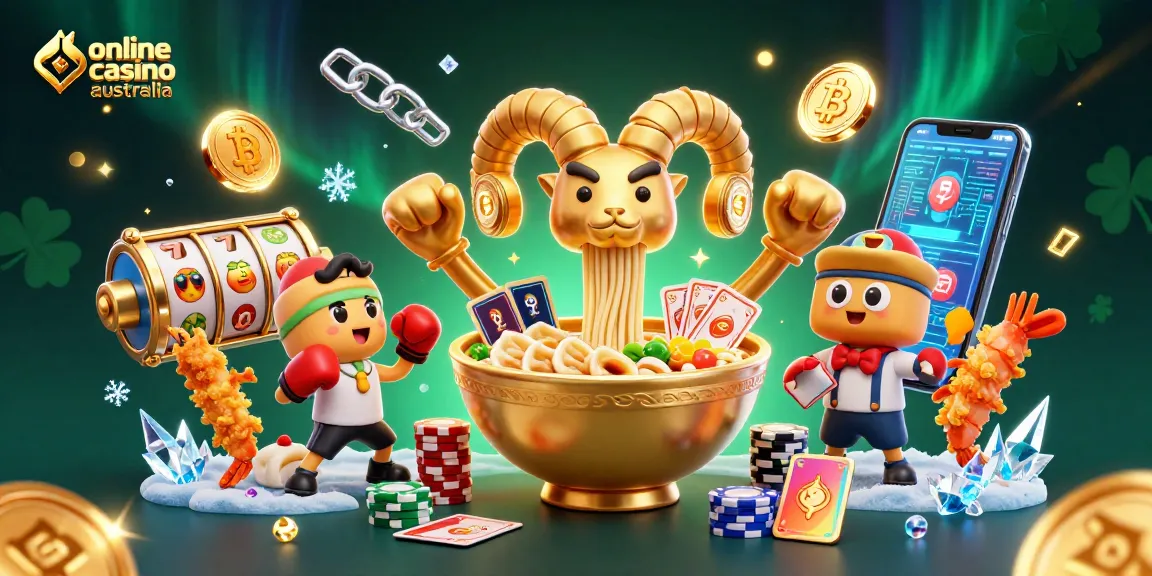 Engage with online casino australia games through a thrilling illustration of a ramen bowl dealer among vibrant casino elements.