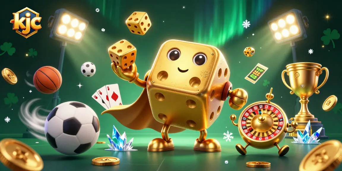 Engage with exciting games at KJC with a dynamic illustration of golden dice and sports elements.